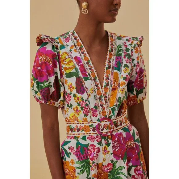 FARM RIO Romper XL Floral Off-White Flowerful Sketch Belted NEW - Picture 2 of 16